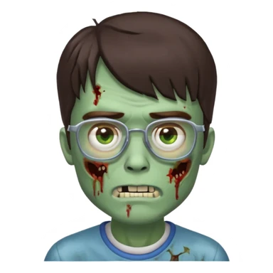 an emoji of a male zombie with dark brown hair and bangs that cover your entire forehead and extend to your eyebrows, wearing square, bluish glasses. sticker