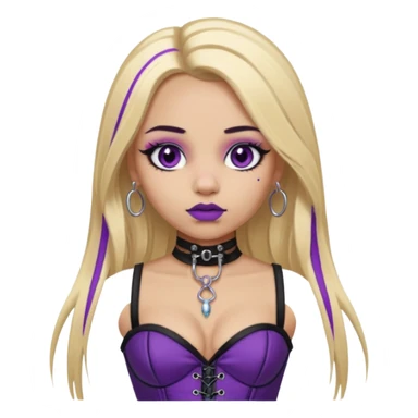 Ai light skin girl , who has straight long length blonde hair with heavy purple streaks , hazel eyes , and doll like makeup , with a septum piercing, nostril piercing, in a black corset emoji sticker