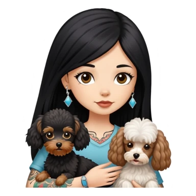 girl with long black  straight hair and tattoos and white Yorkshire and brown poodle sticker