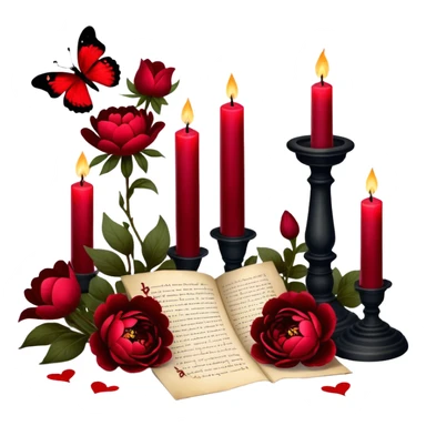 A mystical still life with blood-red candles casting flickering shadows over scattered love letters, their ink smudged with passion. Crimson butterflies rest on blackened crosses, while lush red peonies and pansies bloom in the dim candlelight. sticker