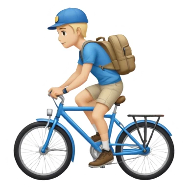 A blond guy in a cap and with a backpack on his back rides a blue bike sticker
