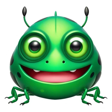 Cinematic Comical Green Bugdie Portrait Emoji, Head tilted dramatically with an exaggeratedly amused expression, featuring a striking, glossy emerald exoskeleton with bold patterns, wide, expressive multifaceted eyes filled with playful disbelief, Simplified yet hilariously expressive features, highly detailed, glowing with a slightly sassy glow, high shine, dramatic yet playful, stylized with an air of cheeky mischief, bright and endearing, soft glowing outline, capturing the essence of a spirited and over-the-top bug, so meme-worthy it feels like it could side-eye its way into internet fame instantly! sticker