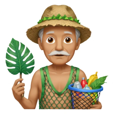 Hawaiian old man with leaf hat and big trash net and colorful cloth sticker