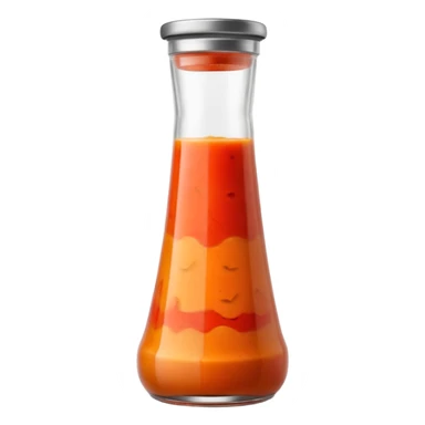 tall clear bottle filled with vibrant red-orange soup, slightly textured and opaque, soft ripples visible through the glass, chilled vegetable blend, capped with metal lid, no label or garnish, sealed bottle, apple emoji style, soft lighting, subtle shadows, transparent background, emoji scale sticker