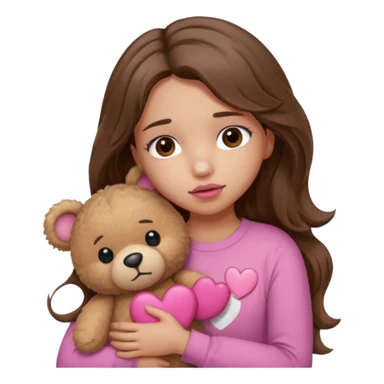 girl with long wavy brown hair, brown eyes, light to medium complexion, in a pink shirt, pink lips, long lashes, sad, hugging squeezing a teddy bear with heart band aid sticker