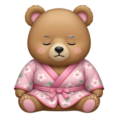 A cute chubby light-brown bear wearing a pastel pink sakura-patterned kimono, body and round head, adorable simple face, sleepy half-closed eyes, small blush on cheeks, sitting while dozing off, tiny “zzz” floating above the head sticker