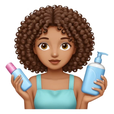 Menina na cor parda, com os cabelos bem cacheados e fazendo o movimento col produtos na mão limpando e cuidando do rosto sticker