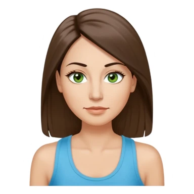 43 year old Adult woman avatar, light skin tone, long, oval face, long straight ashy brown hair, green almond-shaped eyes with dramatic eyelashes and minimal eyeliner, neutral mouth, medium straight eyebrows, small nose, smooth skin, sky blue tank top sticker