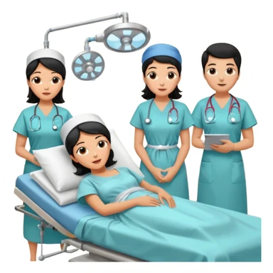 A colonoscopy procedure in progress in a clean operating room, featuring a black-haired woman in her 50s lying on an examination bed, with three doctors wearing surgical caps, masks, and gowns performing the procedure. sticker