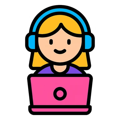 a girl with a pink laptop with headphones, color outline icon style sticker