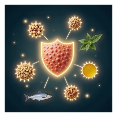 realistic image of stylized cells with glowing membranes and sources of healthy fats (nuts, oil, fish) surrounding cells like a shield, Italian caption 'Grassi salutari: protezione per le membrane cellulari', light and attractive background sticker