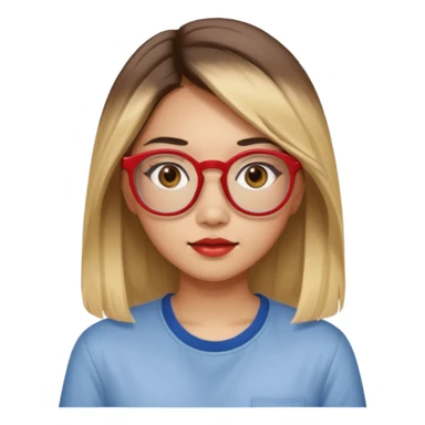 20 yr old asian woman, straight thick long brown hair, blond at ends of hair, center part to hair, big red glasses, brown eyes, casual shirt sticker