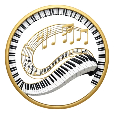 Create an elegant and festive emoji collage representing keyboard instruments, styled like a heraldic emblem. The design should feature a central focal point of black and white piano keys, arranged in a semi-circular or shield-like shape. Around the piano keys, add intertwining musical notes that form flowing ribbons, creating a dynamic and celebratory atmosphere. The design should be professional, with polished silver and gold accents on the keys and notes, highlighting the luxury and sophistication of the instruments. Add subtle shading and lighting effects to give the design a refined, 3D appearance. The background should remain transparent, and the overall feel should evoke grandeur, artistry, and a sense of celebration. sticker