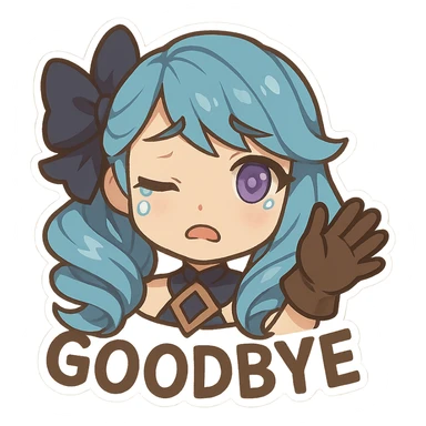 chibi style head of Gwen from League of Legends, right eye purple, one hand waving with glove, expressing a goodbye emote, bittersweet expression, no letters sticker