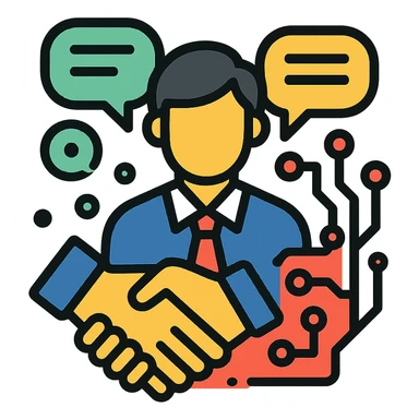 community icon for managers in the AI Era, with chat bubbles, a handshake, and subtle tech motifs like circuit patterns, friendly and professional style sticker