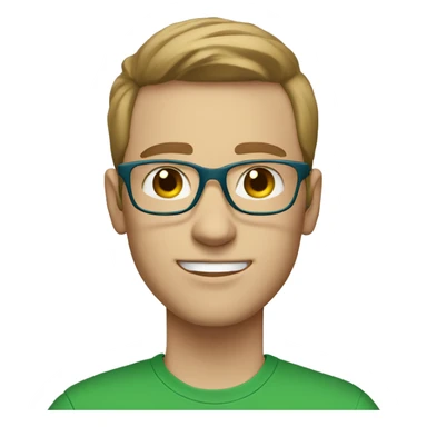 white young man blue eyes and light brown hair and square glasses wearing green t-shirt using laptop sticker