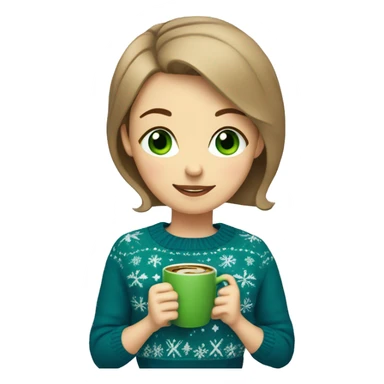 Light brown short haired girl with green eyes drinking coffee wearing blue Christmas sweater sticker