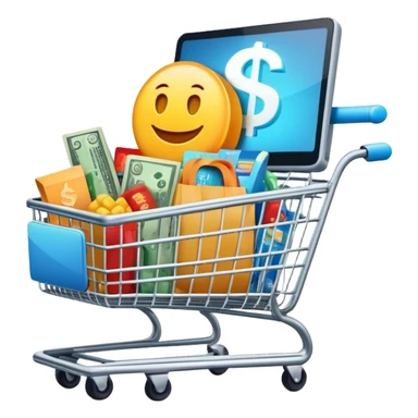 Create a sleek and dynamic emoji that represents a sales system. It should feature a shopping cart (🛒) overflowing with products, a glowing dollar sign (💰) beside it, and a computer screen displaying a checkout page. The design should have modern, minimalist elements with subtle animations or glowing highlights to emphasize the flow of the sales process. Make the colors vibrant and engaging, with a clean, professional look sticker