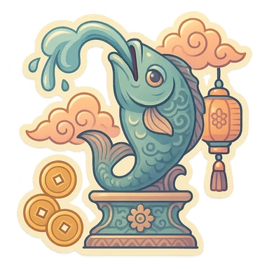 elongated fountain shaped like a serious fish with a water stream flowing from its mouth, retro-stickers style, eastern decor with patterns, clouds, coins, lanterns, detailed drawing with shadows and highlights, thin clean contours, soft rounded shapes, pastel palette #98B5BC, #B5B3C1, #C9A3C9, #E4C0CA, #F7DCD1, #F7C0AA, modern Japanese pop art, soft lighting, transparent background sticker