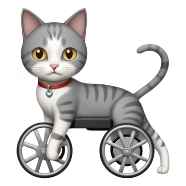 full body small short hair dark grey and white cat with hazel eyes walking in a wheelchair for cats sticker