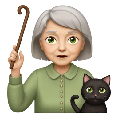 A grouchy old lady with a wooden cane in her hand waving it in the air shouting out "Stay Off My Lawn!" Hair Is short brown with some grey in it eyes are brown also  a pure black cat with big green eyes sitting on her left shoulder. The cat has her left paw up sticker