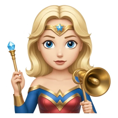 Blonde blue eyed Wonder Woman holding white orchestra conductor’s baton and bell sticker