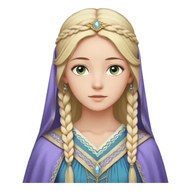 Joven de unos 30 años, de aspecto dulce y elegante.
Piel clara, ojos (pueden ser azules o verdes)
Rubio o castaño claro, largo, con trenzas o velo.
Vestido largo de tonos suaves (blanco, azul o lavanda), con bordados dorados; un manto o toca fina cubriendo la cabeza. Haz todo el cuerpo. sticker