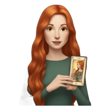 redhead white woman medium long straight hair, holding a tarot card in her hand sticker