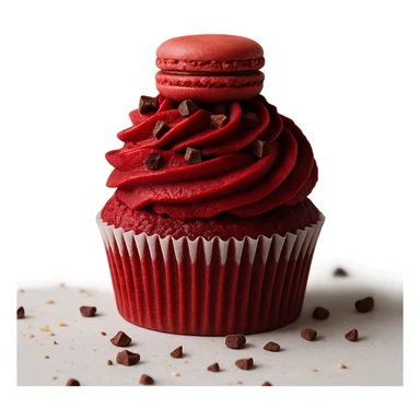 Change the icing to red velvet with a deep red, creamy texture, keep the realistic cupcake and accessories, photorealistic style, transparent background. sticker