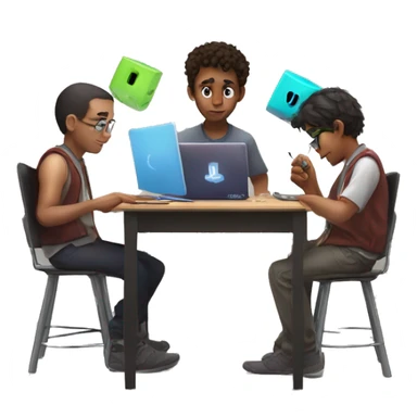 vin doing math, elliot on his computer, and matt using a rubicks cube intensely sticker