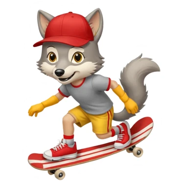 A gray wolf with large, expressive eyes and a friendly smile. The gray wolf is wearing a bright yellow T-shirt, red shorts, white knee socks, and sneakers. The baseball cap is on backwards. The wolf is preparing to perform a skateboarding trick. sticker