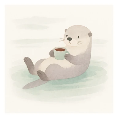 an otter floating on a lake and drinking a coffee, painterly style sticker