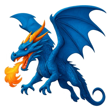 Show this fiery blue dragon with large wings in a dynamic flying pose, keep the style. sticker