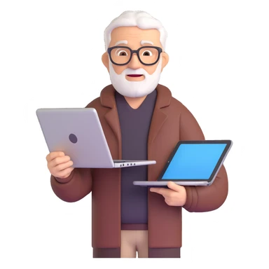 emoji of an older coder using a laptop and referencing a tablet sticker