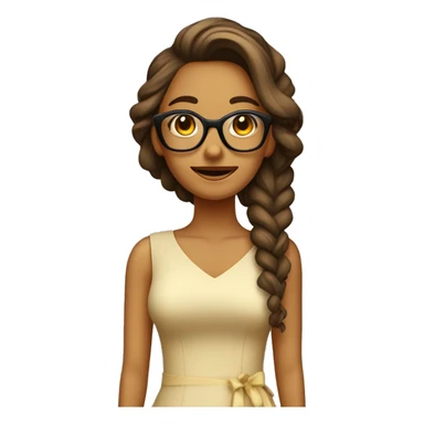 Chica con pelo castaño rizado longitud mediana. Con gafas beige. Sonriente y con vestido amarillo con dibujos de piñas. sticker