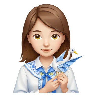 Happy Ukrainian young girl with brown hair in a white embroidered shirt holds an origami yellow and blue crane sticker