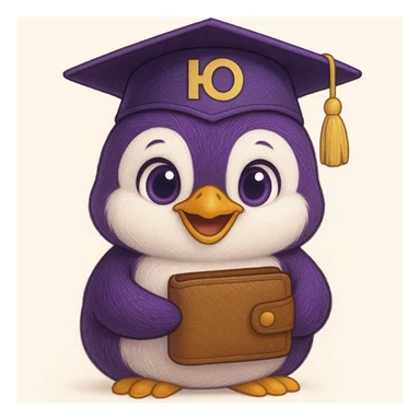 A cute penguin with beautiful eyes, very happy, wearing a graduation cap with the letter 'Ю' on it, holding a wallet, with purple accents. sticker