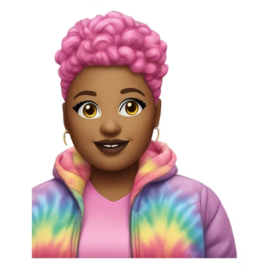 Plus size black woman with chinky eyes, a pink curly pixie cut hair and a rainbow tie dye bubble jacket  sticker