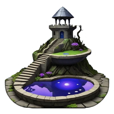 Crashed Alien saucer pool-castle jungle winding staircase lakeside mountainside-island getaway haunted nighttime landscape antique mudman very old broken cracked intricate Stone Age lapis-crusted irregular dodecagon-shaped shallow dark moss rough bark violet flowered maple tree bonsai sticker