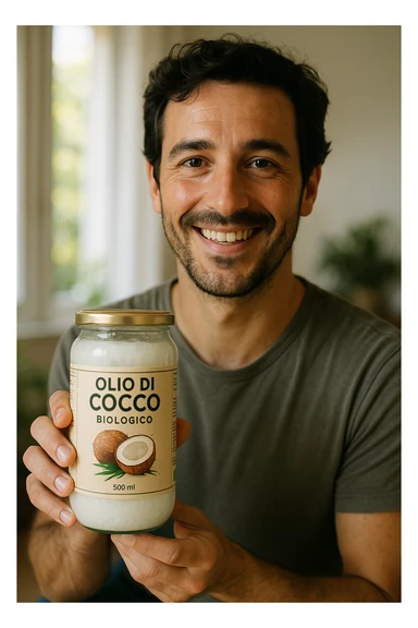 realistic and cinematic style portrait of a happy man showing a jar of organic coconut oil, features similar to reference photo, Italian label clearly visible, natural and bright atmosphere, vertical 2:3 aspect ratio sticker