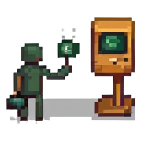 Stick figure throwing a tiny computer sticker