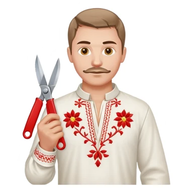 A Ukrainian man wearing traditional white embroidered vyshyvanka shirt holding red scissors in one hand and a spanner/wrench in the other hand sticker