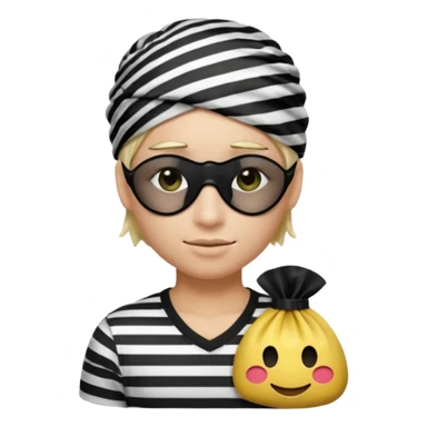 Realistic ios emoji-style portrait of a classic burglar, a black eye mask and a black-and-white striped shirt. Highly detailed, natural skin texture, realistic shadows, smooth gradients, glossy reflections in the eyes. emoji-like hair, black hat, an emoji bag of money in a right corner  sticker