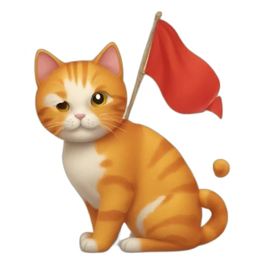 an orange cat holding a red flag sticker