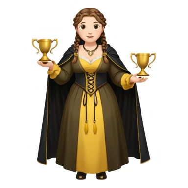 Helga Hufflepuff,brown-haired,2 braids,yellow-black medieval open dress,deep neckline,fat macromastia,black cloak decorated with gold braiding,gold cup with two handles,very kind smile,curvy busty sweet woman,round rosy cheeks,full length with medieval shoes sticker