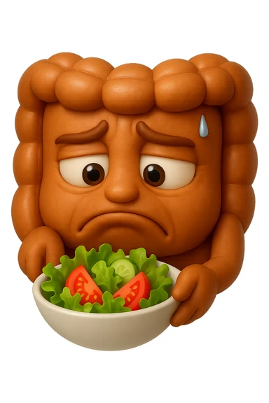 EMOJI STILE IPHONE DI UN INTESTINO UMANO ANATOMICO CHE GUARDA UN INSALATA CON ESPRESSIONE TRISTE E RASSEGNATA IN VOLTO: SOFFRE LA FAME PERCHé è A DIETA, FAGLI ANCHE LA PARTE BIANCA DEGLI OCCHI, NON SOLO LE PUPILLE, IPERREALISTICO 4K sticker