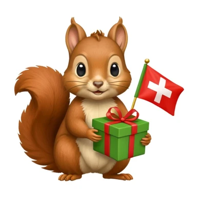 a squirrel holding a green gift box in one hand and a red Swiss flag in the other, both objects clearly visible, simple white background, the gift is a different color from the flag sticker