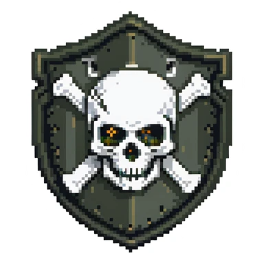 Shield badge with a skull and crossbones and a padlock symbol for cybersecurity, dark color scheme, dangerous looking sticker