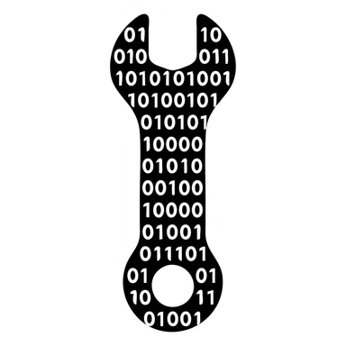 A solid wrench silhouette filled with binary code pattern, 0s and 1s visible inside the tool shape sticker