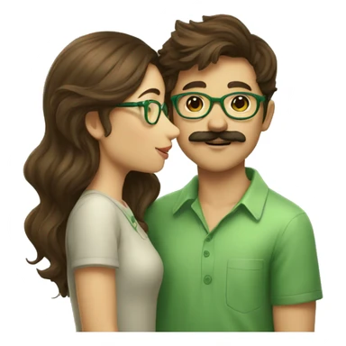 A boy with brown hair and a mustache is kissing a girl wearing glasses and her hair is green sticker